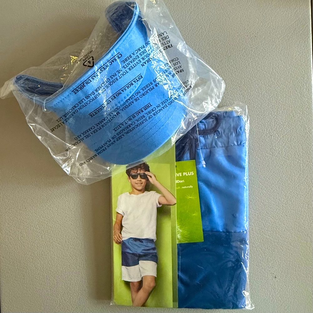 NEW: Swim Trunks &  Matching Visor | 50+ | Drawstring Board Shorts & Hat